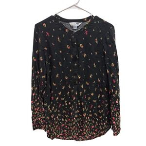 Old Navy Black Floral Rayon Tunic Shirt Long Sleeve Band Collar Size Large‎